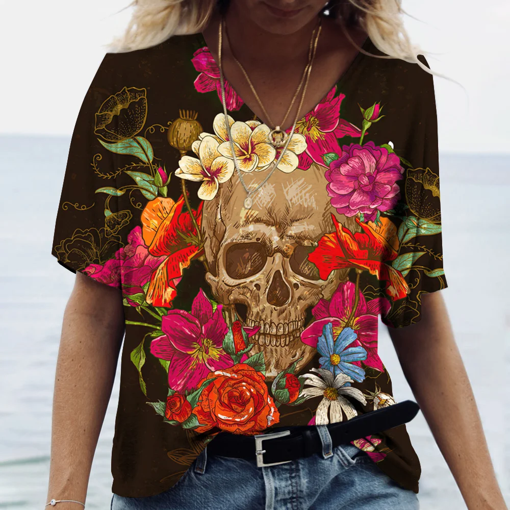 Vintage 3D Skull Printed Women\'s T Shirt Casual V-neck Short Sleeve  Blouses Summer Trend Harajuku Pullover Loose Tops Funny Tee