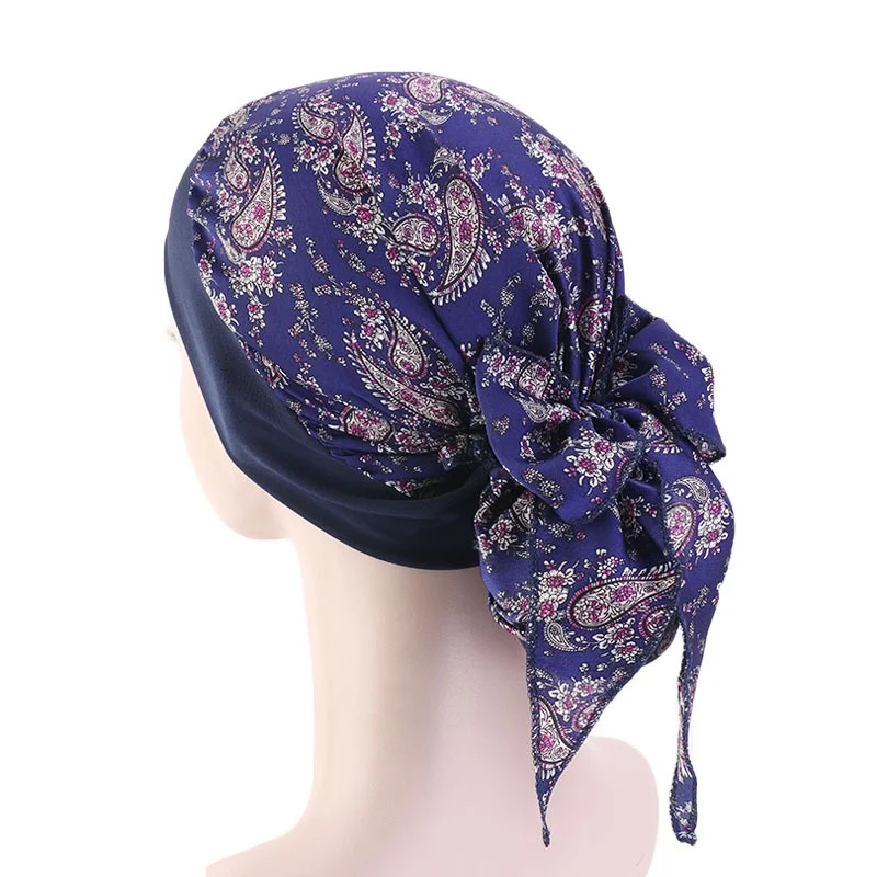 Muslim Women Headwear Pre-tie Turbans Imitation Silk Head Scarf With Wide Band Printed Sleeping Hat Hijab Bonnet Hair Cover