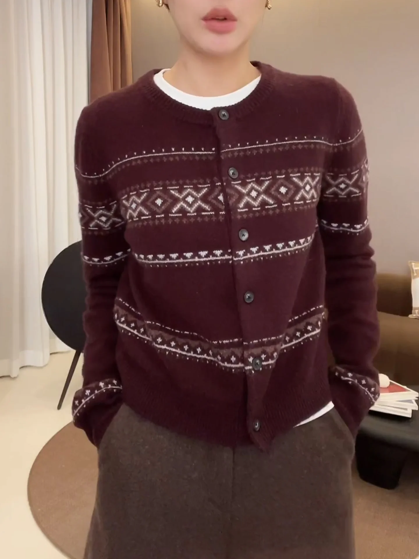 

Retro Wine Red Diamond Pattern Knitted Open Cardigan Women's Faionable Autumn Winter New Large Size Ele Top