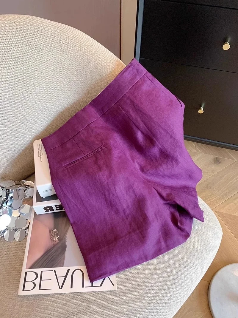 Plones Anchos de Lino Color Mo Uva Retro, Cintura Alta, Cortos, Casus, de Verano, Diseño Sensacional, Es, C...