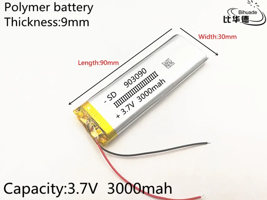 1pcs/lot 3.7V,3000mAH,903090 PLIB; polymer lithium ion / Li-ion battery for GPS,mp3,mp4,mp5,