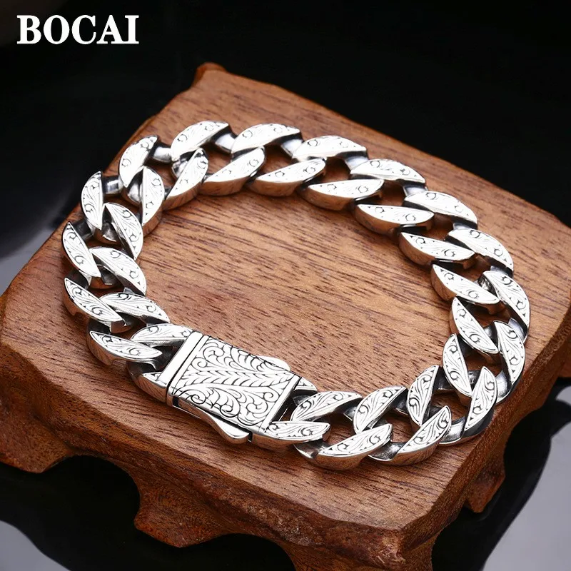 

BOCAI New S925 Silver Men's Bracelet Thick Cuban Chain Vintage Punk Rock Vine Pattern Fashion Jewelry Accessories Birthday Gift