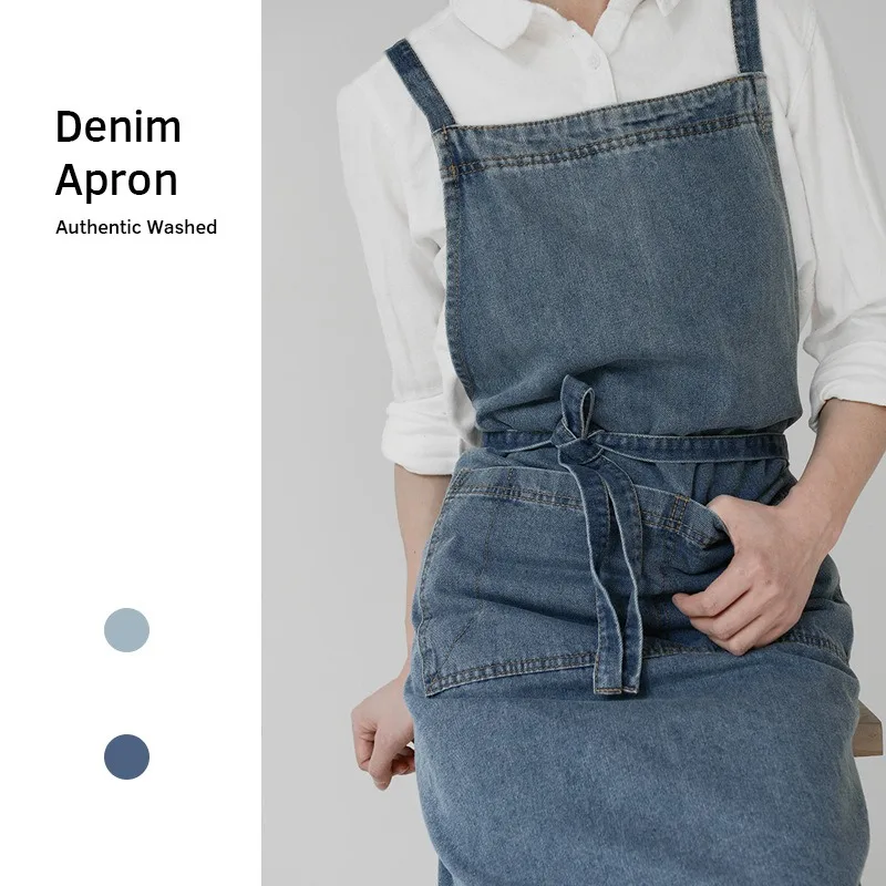 All cotton canvas thickened denim apron anti fouling household kitchen work uniform bib and waist  antifouling nice unisex apron