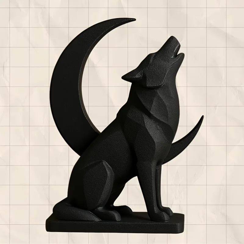 3D Printed Howling Wolf & Crescent Moon Statue Plastic Geometric Animal Sculpture Gothic Home Desktop Decor Ornament Gift