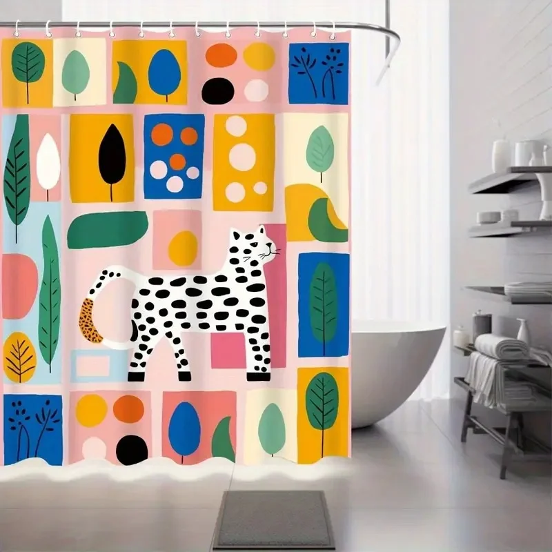 Boho Spotted Cat Shower Curtain, Vibrant Abstract Leaf & Color Block Art Print, Machine Washable Bathroom Shower Decor Curtain