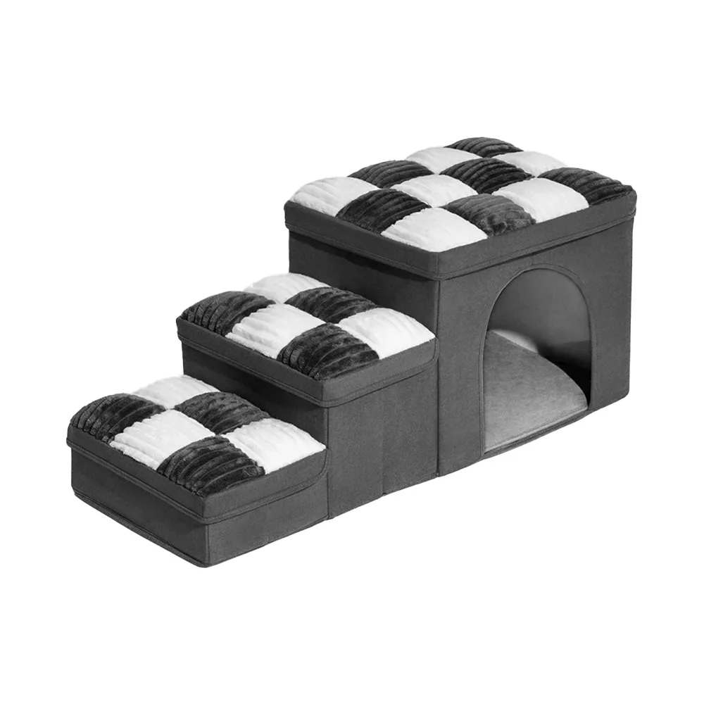 

3 Steps Folding Dog Step Stairs Foldable Chessboard Handcrafted Dog Stairs With Storage and Condo Dog Bed for High Bed & Sofa