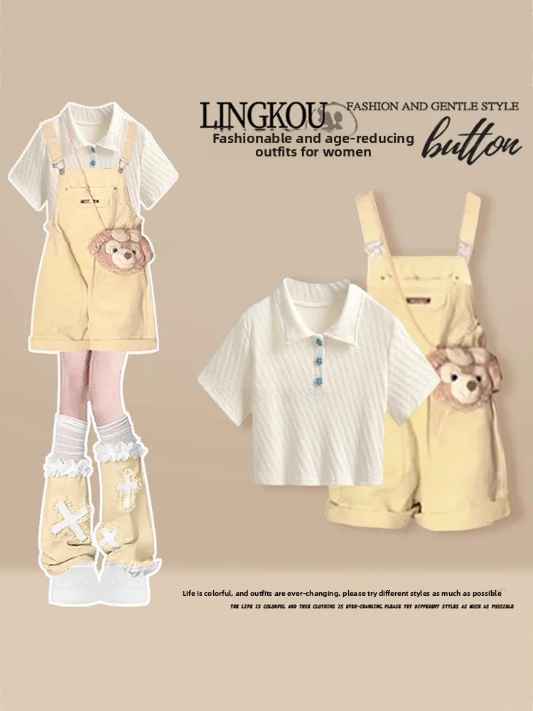 Youthful plus Size Summer Outfit Women's College Sle ort Sve T-irt with Dopne Slimming Denim Overalls Two Piece Set