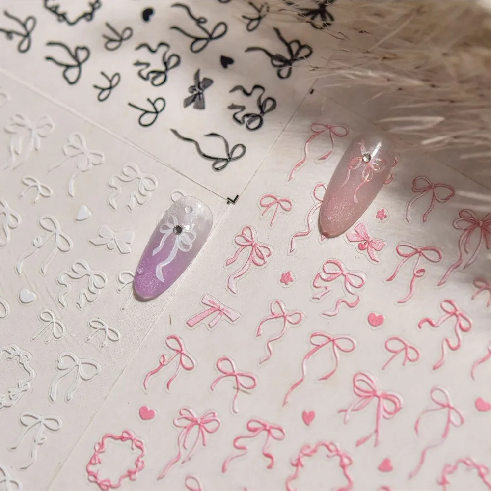 5D relieve en relieve colorido Bowknot Nail Art pegatina negro/rosa brillante corbata pegatina calcomanías autoadhesivas elegante arco deslizadores de uñas