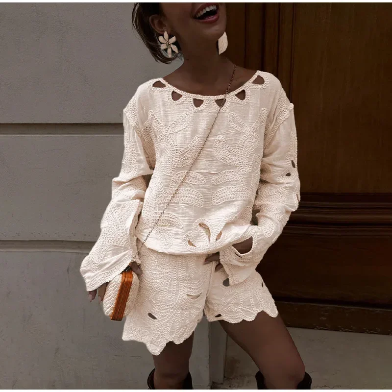 Casual Embroidery Shorts Sets Women Chic Hollow Out Loose Shirts Irregular  High Waist Shorts  Spring Lady Vacation Outfits