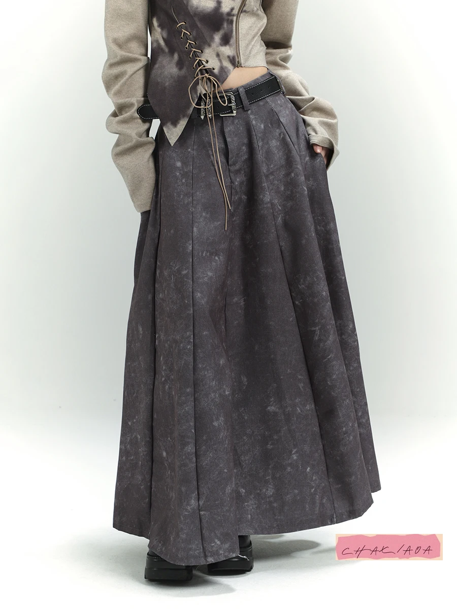 

2025 Spring Autumn Wasteland Punk Style Outfit and Tools Casual Mid Waist Tie Dye Floor Length Gray and A Line Ankle Skirt Women