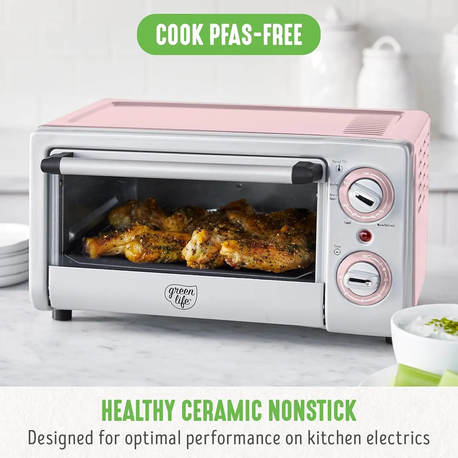 Countertop Toaster Oven Air Fryer Stainless Steel, PFAS-Free Ceramic Tray & Basket, Bake, Reheat, 4 Slice or 9” Pizza Capacity,