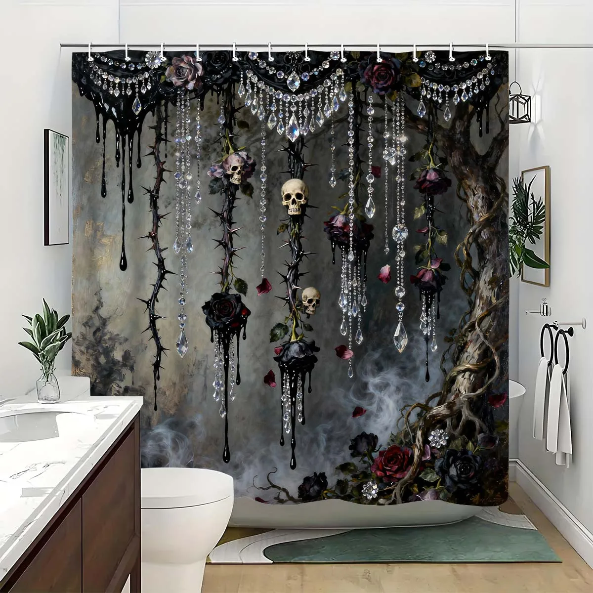 Gothic Skull Crystal Curtain Shower Curtain Dark Romance Halloween Bathroom Decor Waterproof Shower Curtain Liner