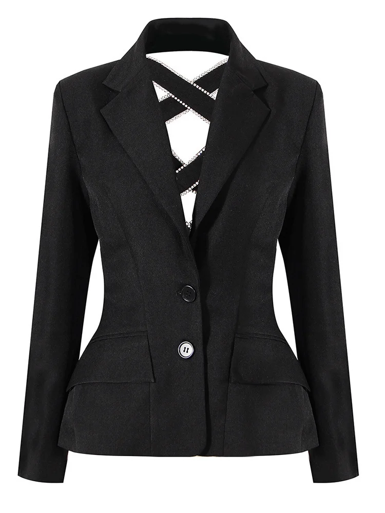 [Eam] feminino preto arco oco para fora strass blazer nova lapela manga longa solto ajuste jaqueta moda primavera outono 2024 1de6215