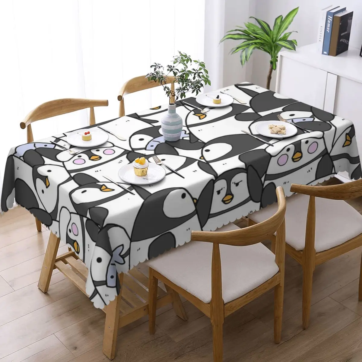 Hand Drawn Penguin Set Custom Rectangular Tablecloth Oilproof Table Cover for Dining Events Table Cloth