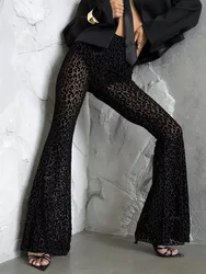 DSMTRC 2025 Newest Women Sheer Flare Pants High Waist Leopard Print Summer Beach Party Club Patchwork Sexy Black Trousers