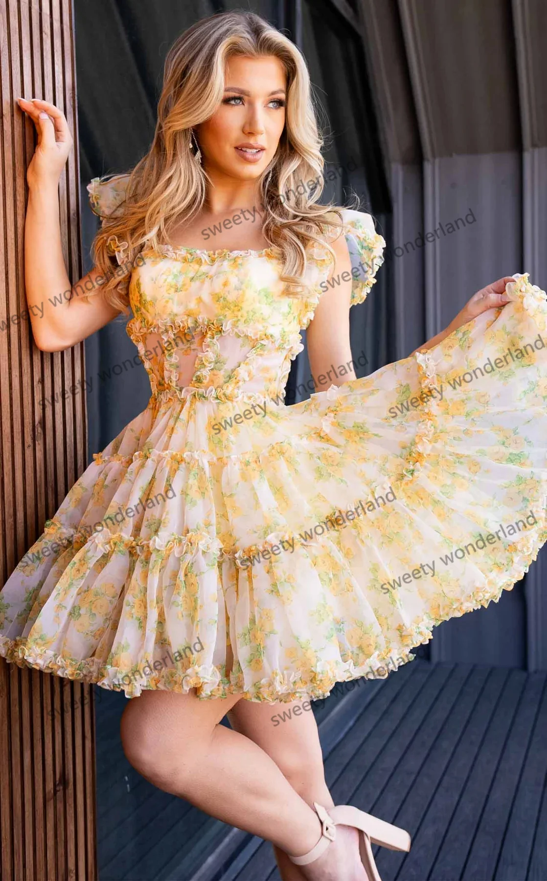 Chiffon Printing Prom Dresses, Babados, Mini saia, Vestido de festa, Cap Sleeves, Escavar