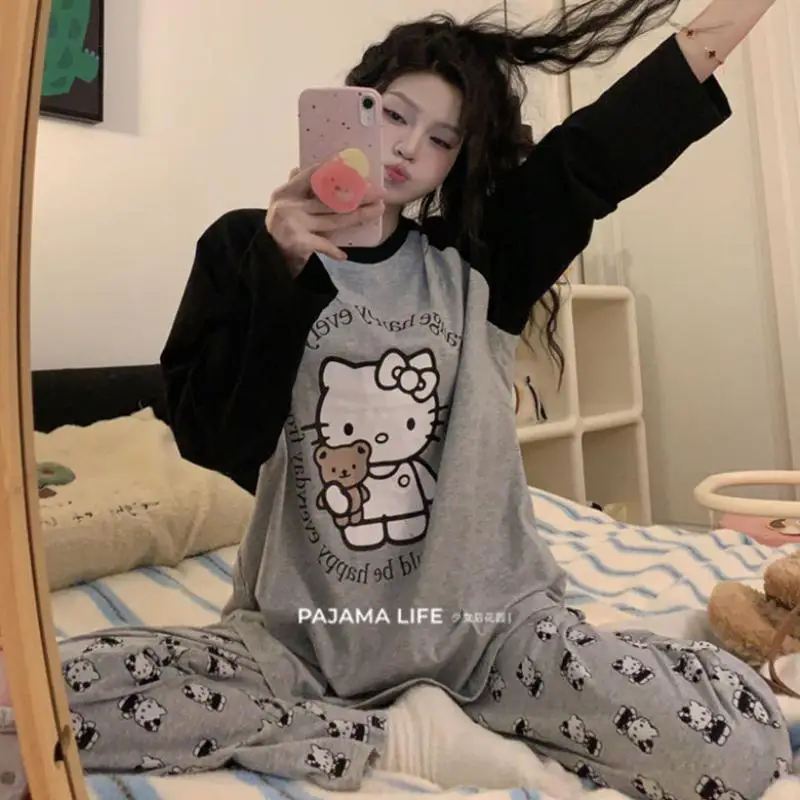 Kawaii Sanrios Hello Kittys Women's Pajamas Set Spring Autumn Anime Cartoon Student Long Sleeved Pants 2Pcs Girls Nightwear Gift