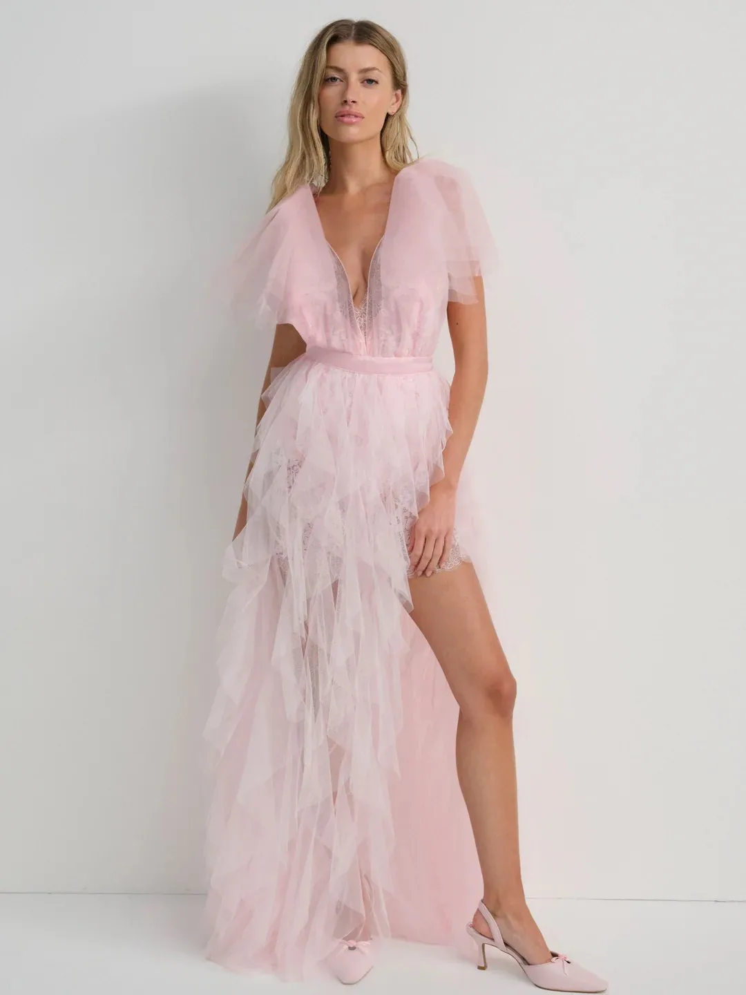 

2025 Women Sexy Sleeveless V Neck Lace Feather Split Pink Dress Birthday Party Costume Bar Nightclub Stage Performance Dress