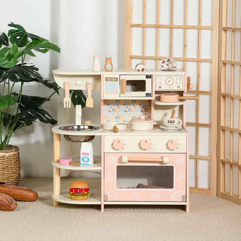 Wooden Children Toy Kitchen Miniature Girl Toys Safety Play Set Cookware Dinette Pretend Play Food Child Toy Barbie House