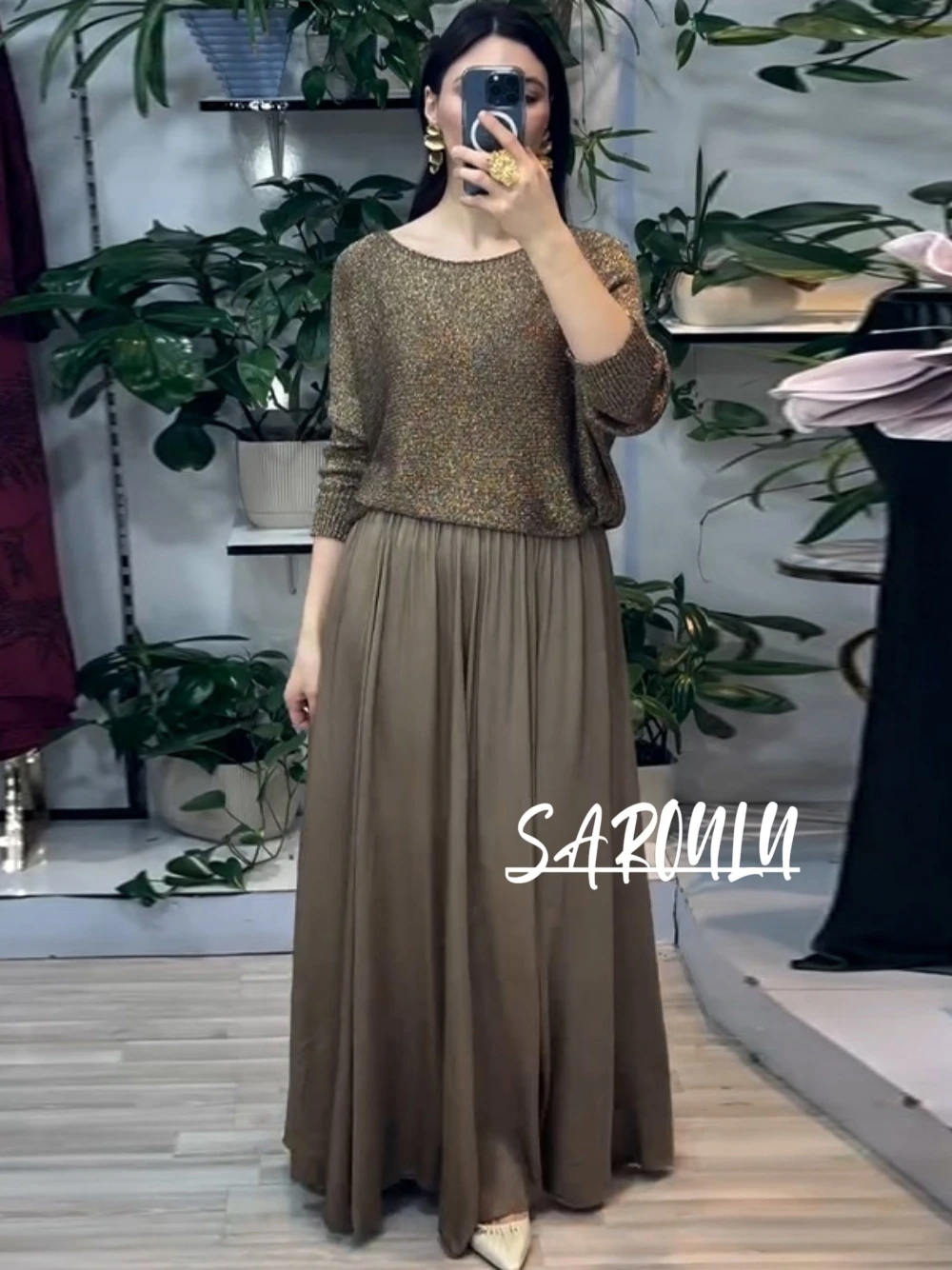 

Muslim Elegant Modest Two Piece Outfit Luxury Sparkly Knit Top + High Waist Satin Flowy Maxi Skirt Fast Shipping Dubai Abaya