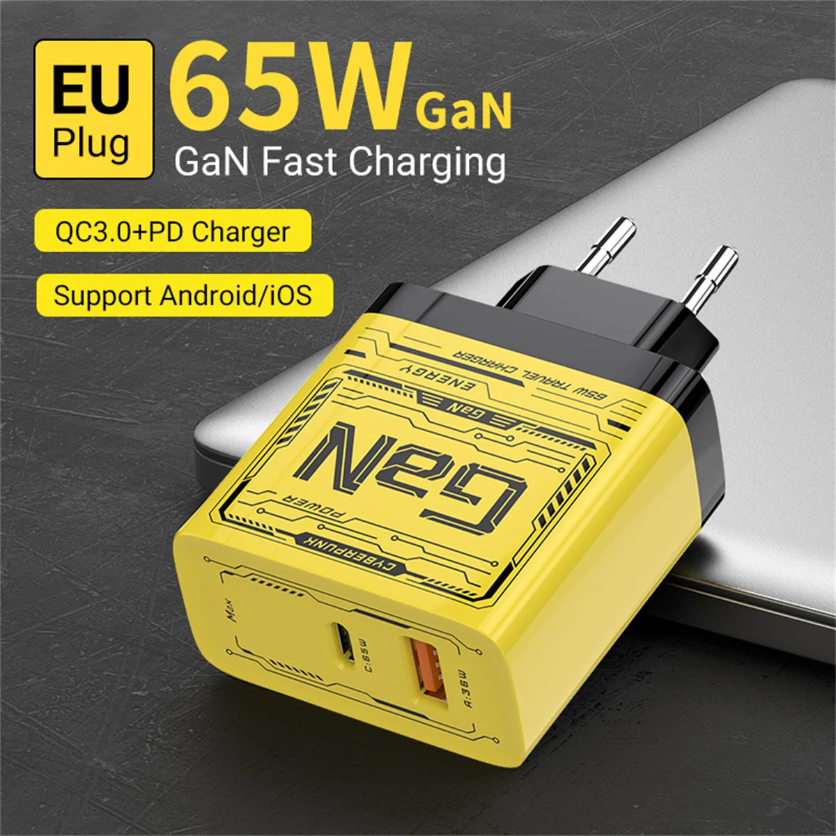 USB C Charger 65W Fast Charger GaN USB C Power Supply PD Plug Fast Charger for MacBook Pro Air iPad Pro Air iPhone 8-15 Series