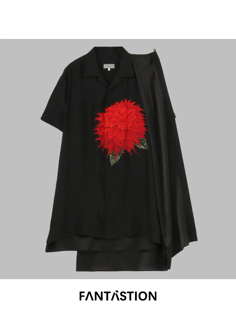 

FANTASTION Original design red flower print Hawaiian shirt with asymmetric patchwork, short sleeve oversized casual shirt tops