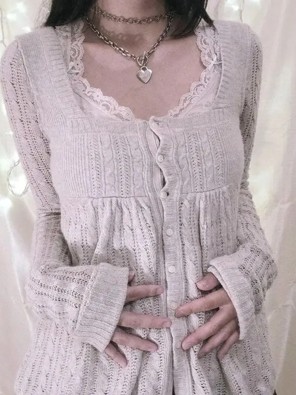 

Женский модный свитер-кардиган в стиле фейрикор, длинный, вязаный, на одной пуговице, в стиле гранж, осенний сезон 2024, из других материалов, 00%