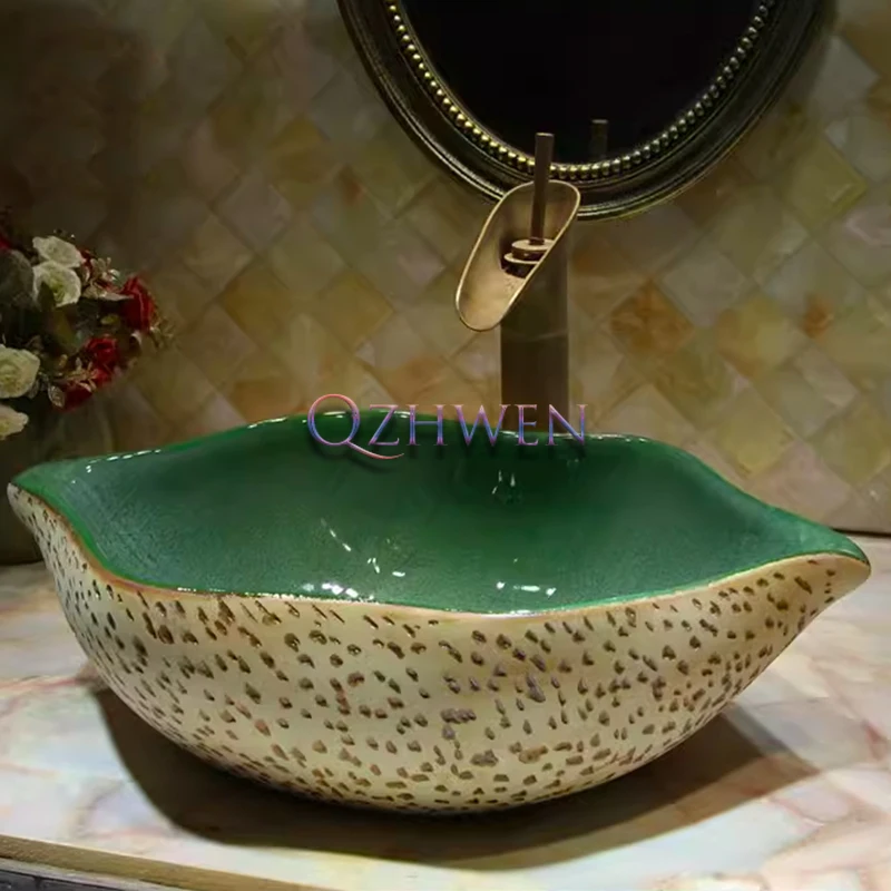 L51*W32cm Bathroom Sink Retro Leaf Ceramic Washbasin Personality Special Shape Countertop Art Basin Chinese Style Vessel Sink