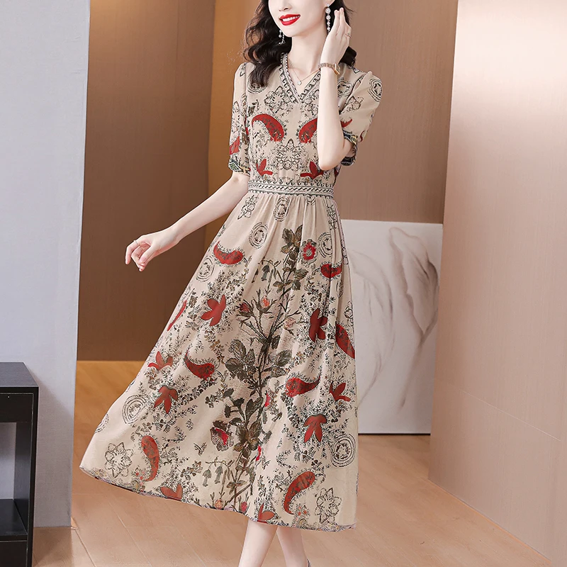 

2023 Summer New Silk Short Sleeve Printed Long Dress Temperament Slim Fit Dress Summer V-Neck Silk Slim Knee Length Dress
