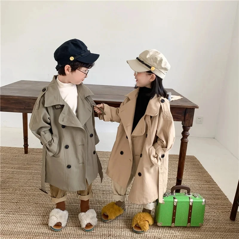 2-10Yrs Kids Trench Coat Spring Autumn Boys Girls Jacket Overcoat Long Sleeve Turn-Down Collar Children Windbreaker Top Clothes