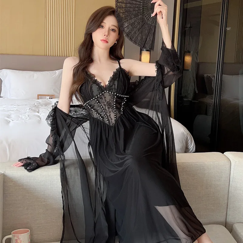 Women Two Pieces Kimono Bathrobe Gown Set Black Sleepwear LACE Hollow Out Robe Nightgown Suit Summer Loungewear Nightdress