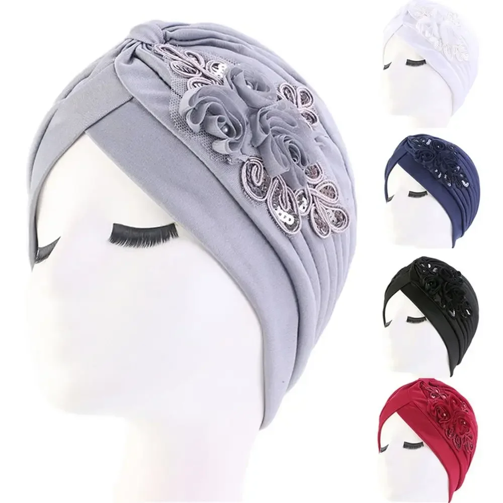 

Sequin Flower Bandana Headwear Indian Inner Hijabs Muslim Turban Hat Head Wrap Sleep Cap