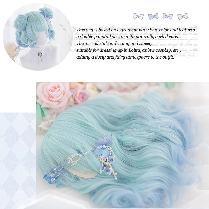 Synthetic Sweet Lolita Wig Harajuku Style Roman Curls Double Bun Gradient Hair With Neat Bangs For Women Daily Halloween Cosplay