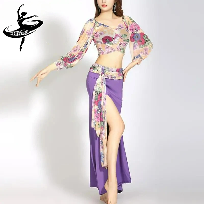 Conjunto de Vestido de Dança do Ventre para Mulheres, Top com Decote em V e Saia com Fenda, Traje de Prática e Treinamento, Vestuário de Dança Moderna Sexy para Performance em Salão de Baile