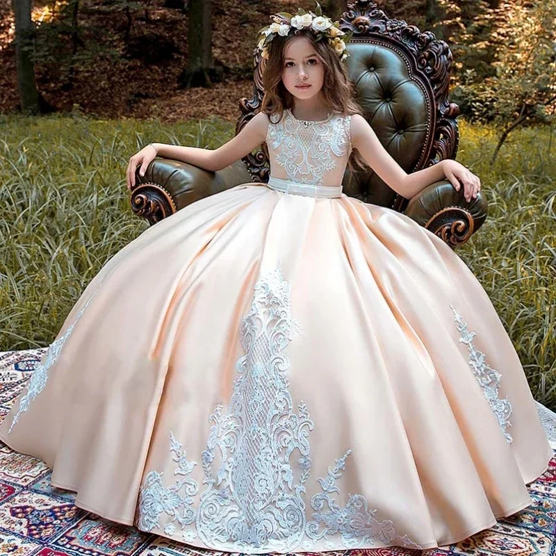 

Champagne Flower Girl Dresses Satin White Appliques Pattern Sleeveless For Wedding Birthday Party Banquet Princess Gowns