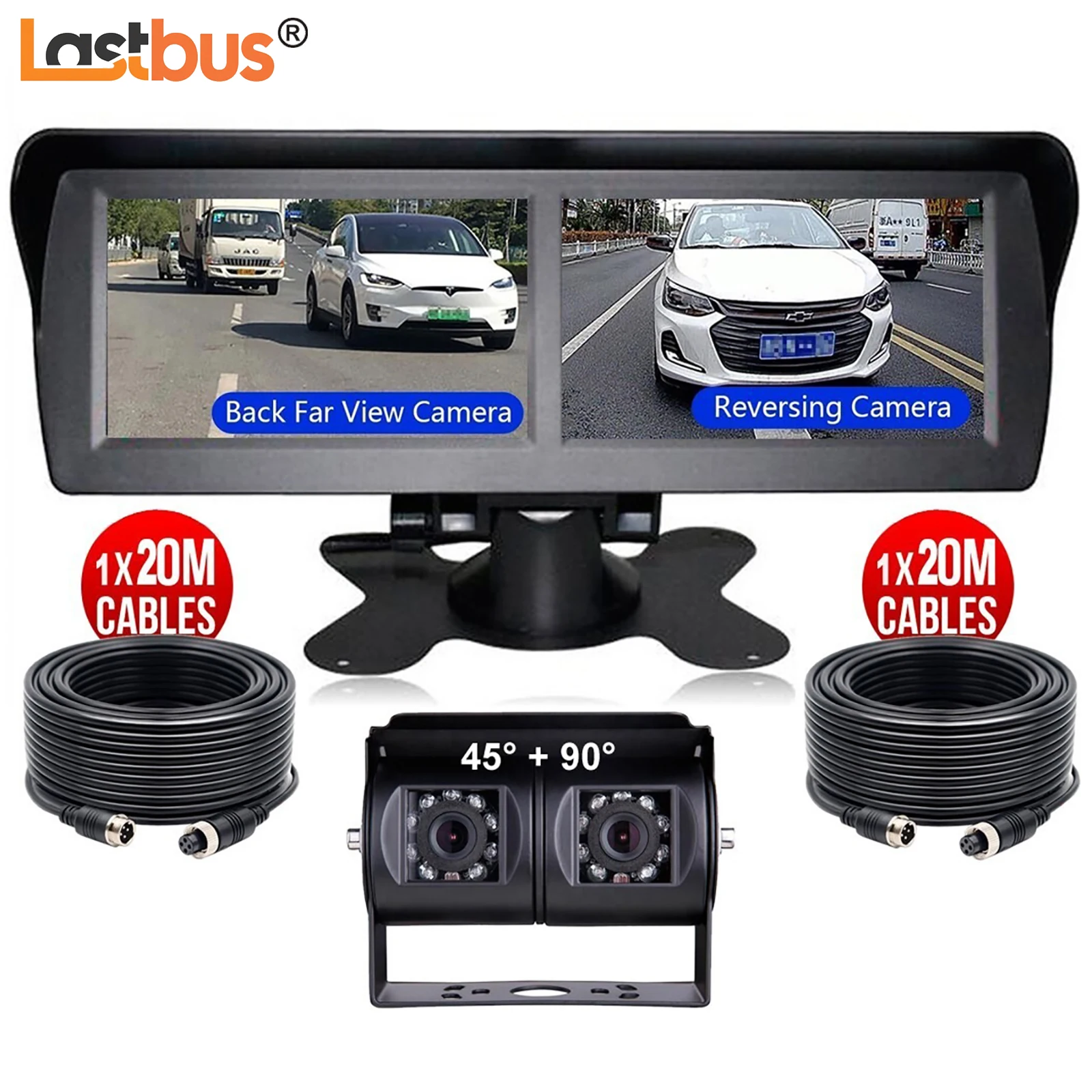 

Lastbus 4.3" Dual Screen Monitor With Dual Head Joint Rear View Cameras 45+90° View + 2x 10m/15m/20m Extension Cables For Truck