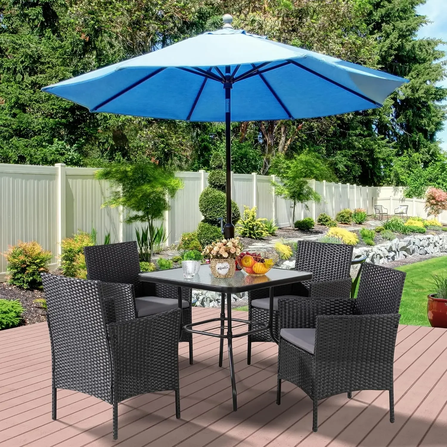 Outdoor Patio Furniture 5-Piece Indoor Outdoor Wicker Dining Set, Square Tempered Glass Top Table with Umbrella Hole and 4 Chair