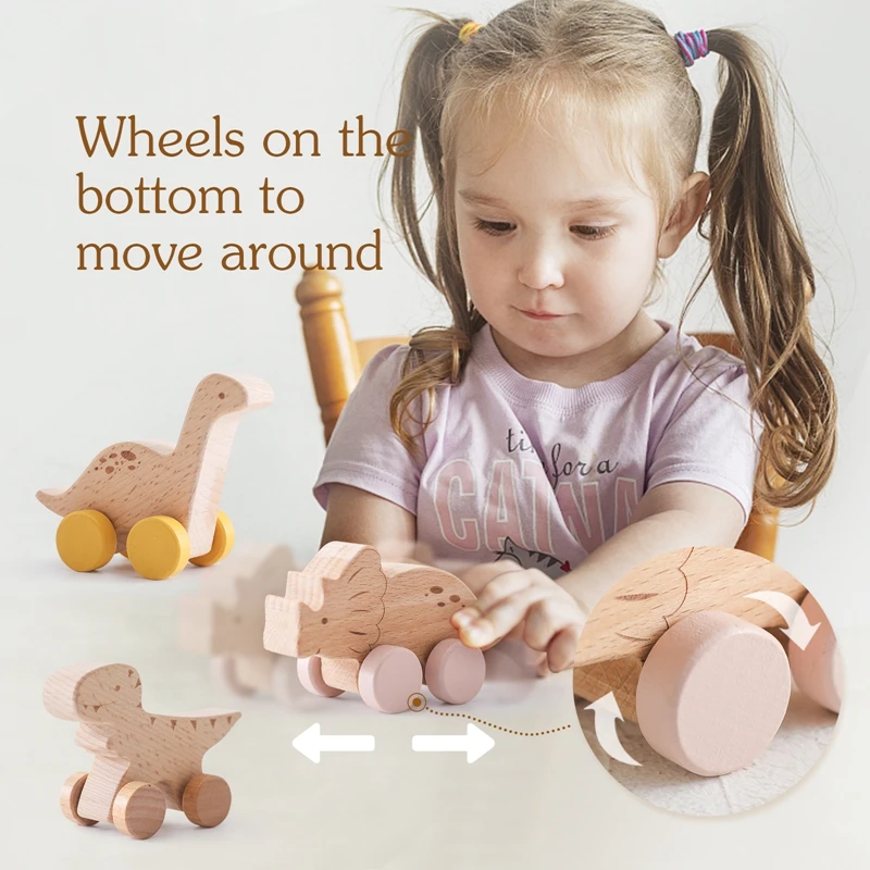 Baby Beech Wooden Block Cartoon Dinosaur Trolley Toys Kids Hand-eye Coordination Montessori Educational Toy Infant Teething Toys