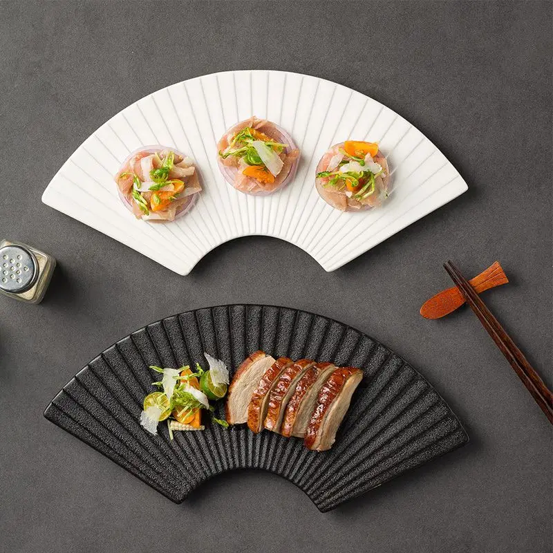 Creative Fan-shaped Stripes Japanese Tableware Sushi Dim Sum Dish Household Western Cuisine Light luxury Retro Ceramic Plate