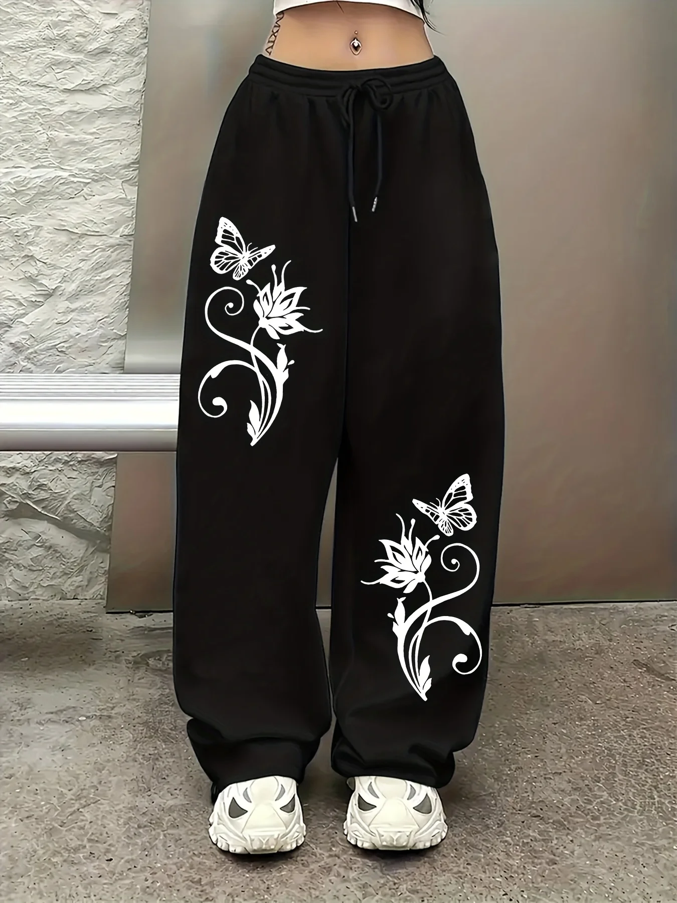 Butterfly Floral Pattern Print, Casual and Sporty Women's Wide Leg Straight Leg Pants