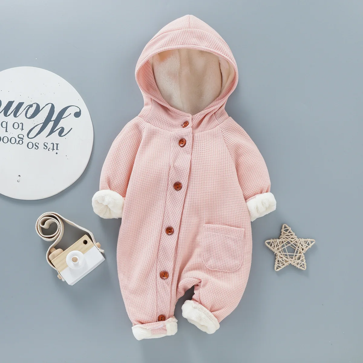 Autumn and Winter New Boys and Girls Infant and Toddler Button Hooded Solid Color Casual Cute Long sleeved Pants jumpsuit