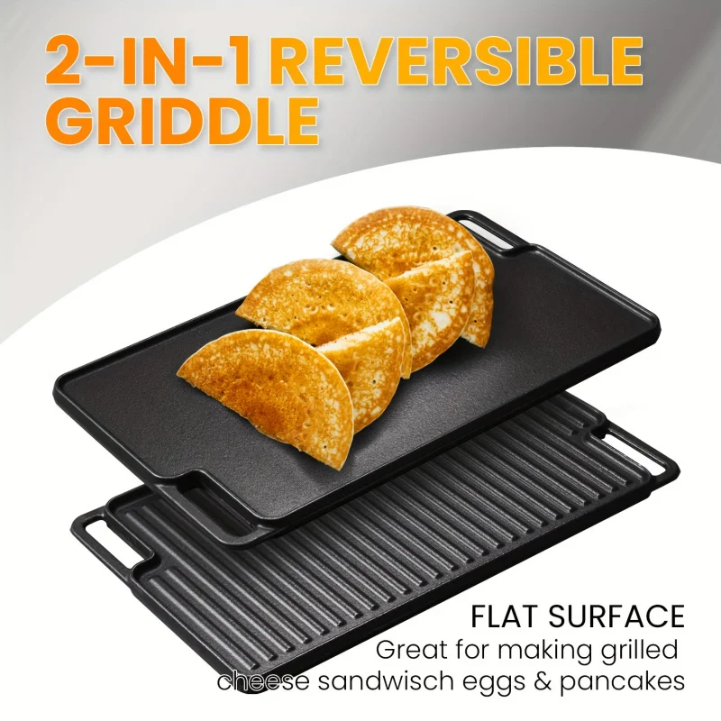 

Cast Iron Baking Pan Barbecue Pan - 2in1Reversible Non-Stick Bakeware Suitable For Barbecue Gas Stove Oven Cooking