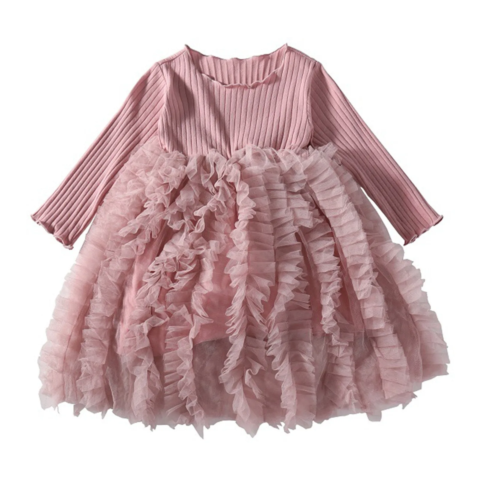 2-7 Years Summer Children\'s Clothing Solid Color Short Sleeved Girl\'s Princess Gauze Dress Fashionable Fluffy Spliced Cake Dress