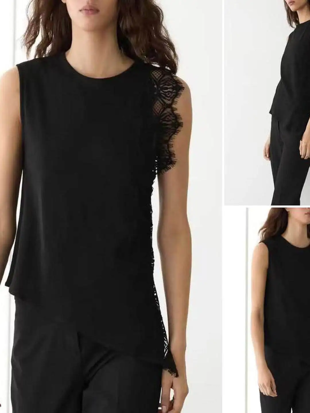 Asymmetric Design Lace Detail Sleeveless round Neck T-Shirt Summer Vacation Style Women's Casual Top Polyester Fiber 3D Effect