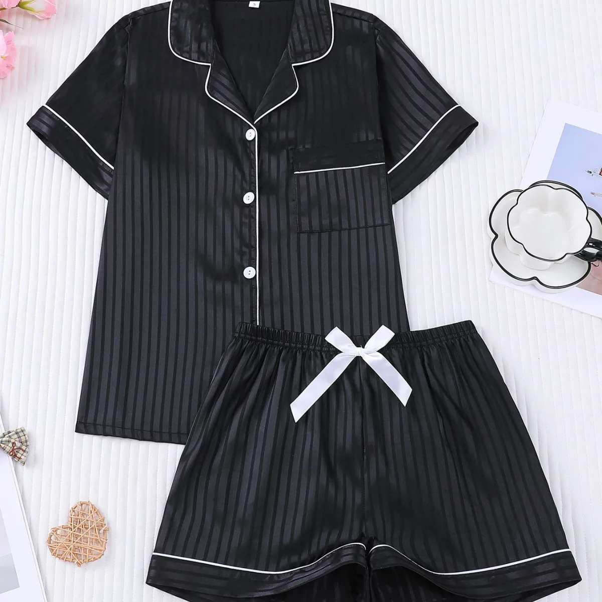 

Женский комплект для сна: полосатые рубашки и шорты, пижама из 2 предметов, повседневный комплект для дома и улицы, свободный крой, домашняя одежда, пижама.