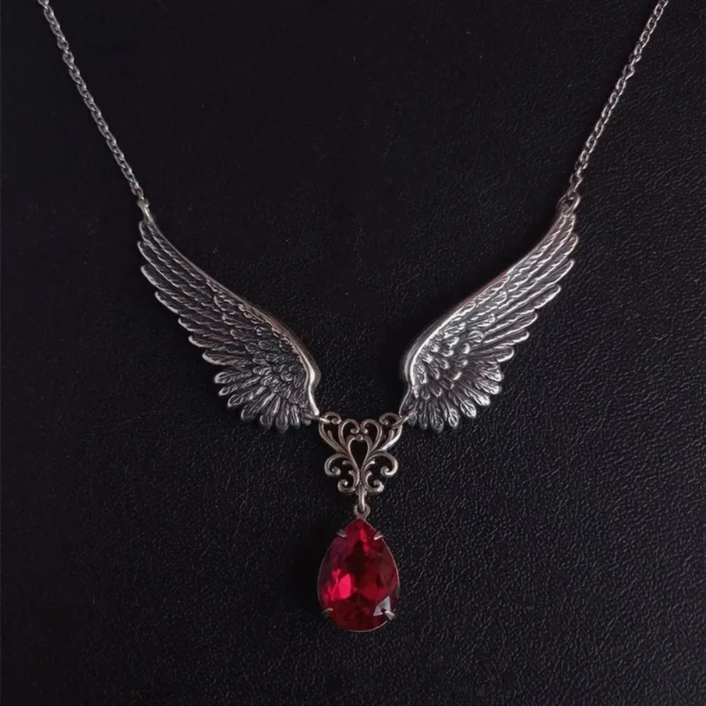 Gothic Angel Wings Necklace Angel Red Acrylic Crystal Pendant, Fashion Witch Jewelry Accessories Valentine's Day Gift