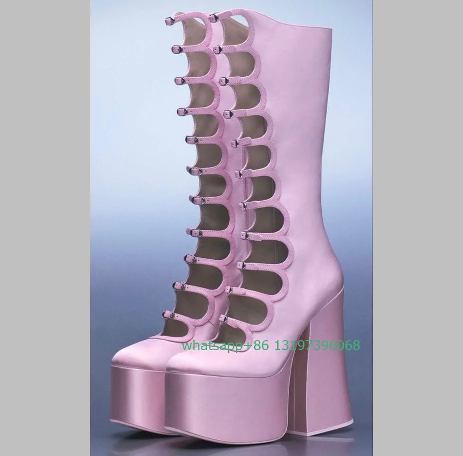 Lady pink stain platform design knee boots chunky heel elegant punk style boots cut-out design Mary Janes buckle boots size 46