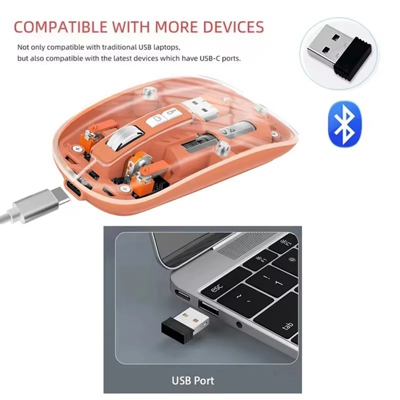 ABHU Прозрачная беспроводная мышь, двойной режим, 2,4G, Bluetooth, перезаряжаемая мышь, бесшумная беспроводная компьютерная мышь для ПК, ноутбука