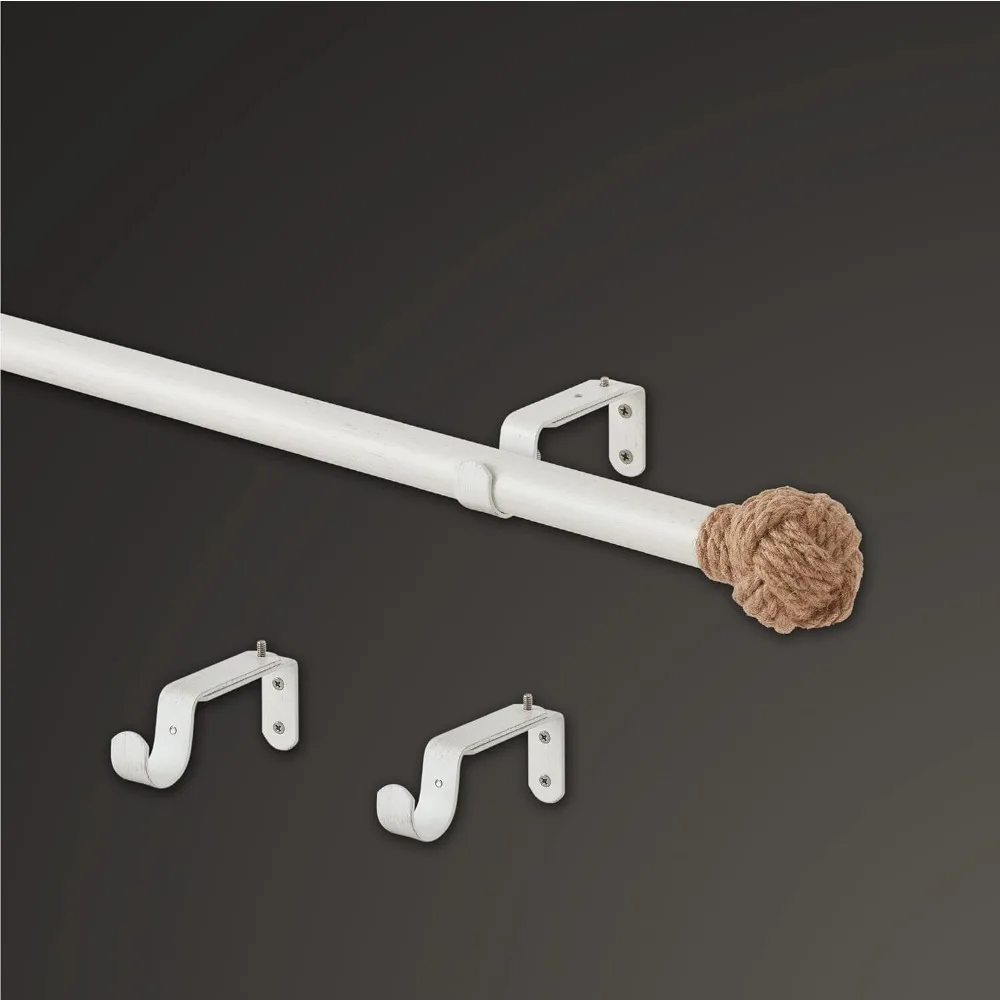 

Hot Sale.Weathered White,1 1/8" Diameter Curtain Rod Set w/Coastal Jute Curtain Rod Finials&Mounted Adjustable Curtain Rod