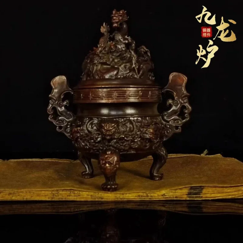 

Brass Chinese Style Jiulongding Kowloon Alchemy Furnace Daming Xuande Three-Legged Incense Burner Tower Incense Burner Home Tea